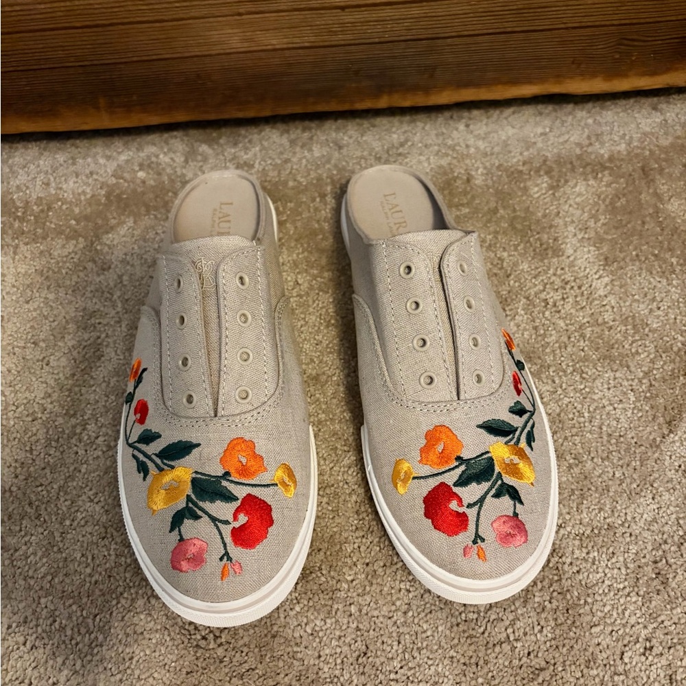 Lauren Ralph Lauren Canvas Slip-On Mules with Orange & Red Floral Embroidery